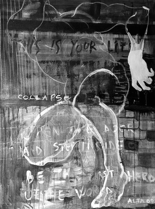 Collapse by Alta Mihartescu, acrylic and collage on canvas, 91 x 122 cm, 2025