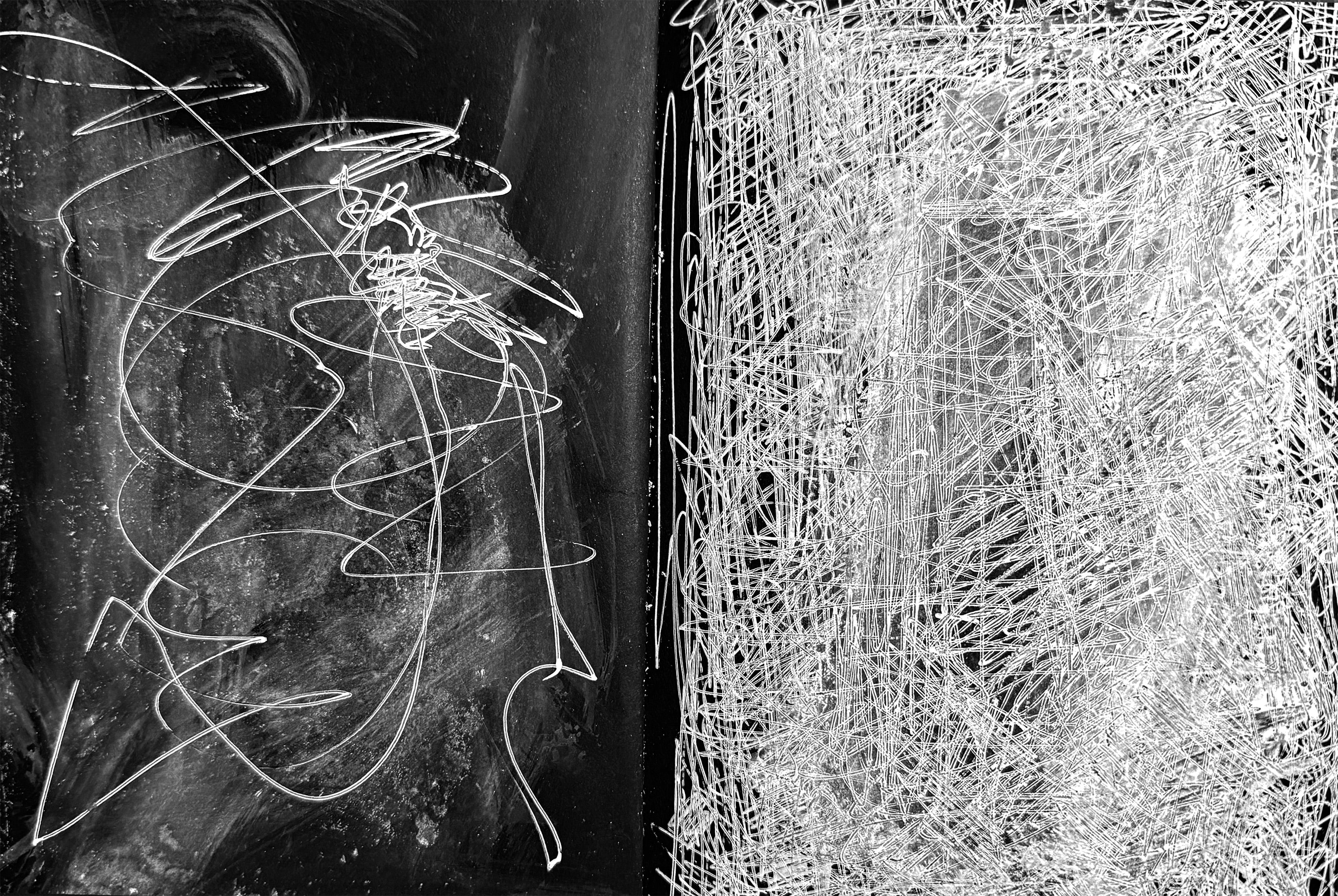 Abstract black and white drawing on a textured surface by Alta Mihartescu