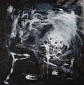 Abstract black and white painting with dynamic brush strokes on a dark background by Alta Mihartescu